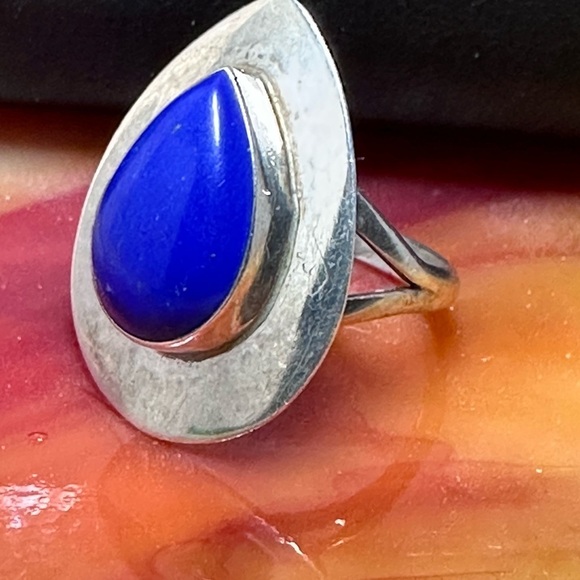 Lapis lazuli ring bezel set teardrop sterling silver signed “L” size 7.5 5505 Y - Picture 8 of 13